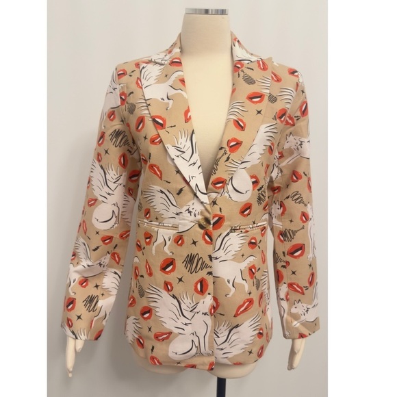 LAS SURENAS Wolf Kisses Lip Amore Print Single Button Linen Loose Fit Blazer - Picture 13 of 16